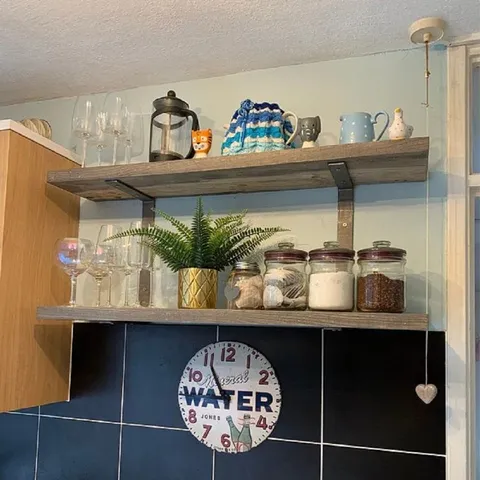 BOXED 2 x 130cm DRIFTWOOD SOLID WOOD SHELF & DOUBLE BRACKETS - INDUSTRIAL (1 BOX)