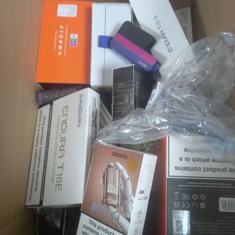 BOX OF APPROXIMATELY 20 ASSORTED E-CIGARATTES TO INCLUDE VAPORESSO, GEEKVAPE, ASPIRE ETC