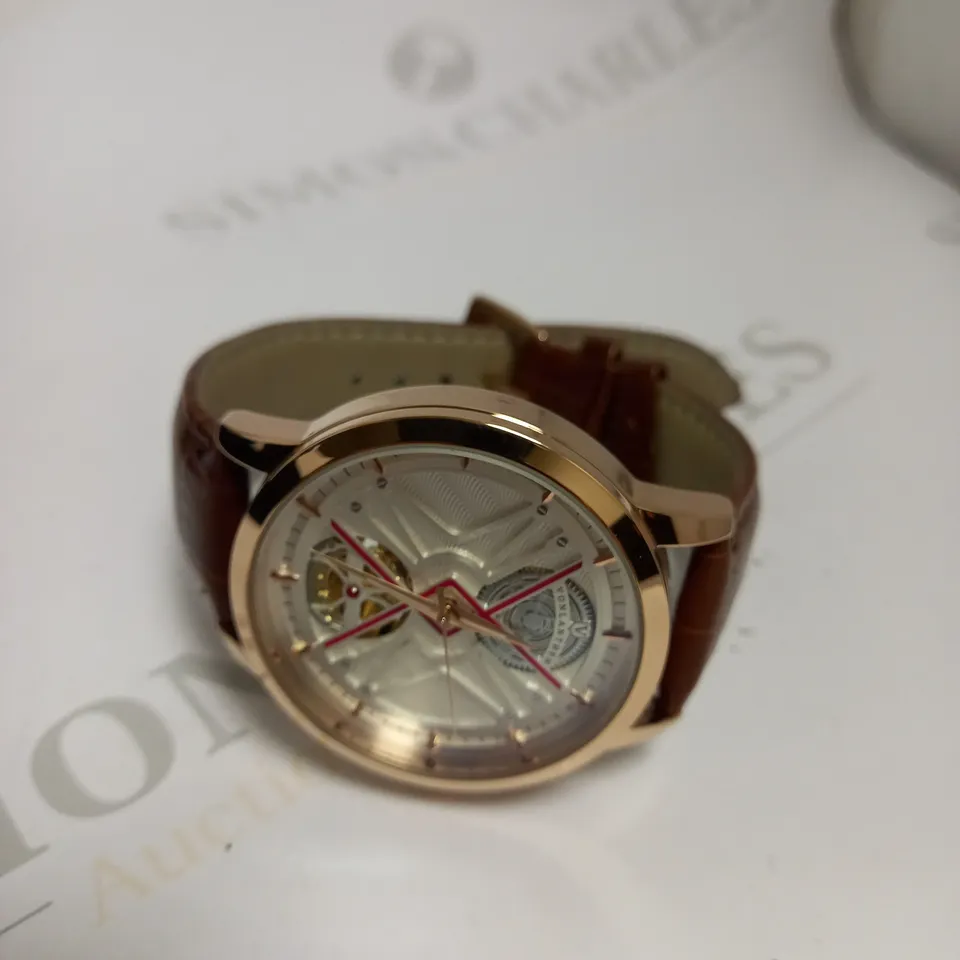 MENS VONLANTHEN AUTOMATIC WATCH – SILVER AND RED TEXTURED DIAL - GLASS EXHIBITION BACKCASE – BROWN LEATHER STRAP