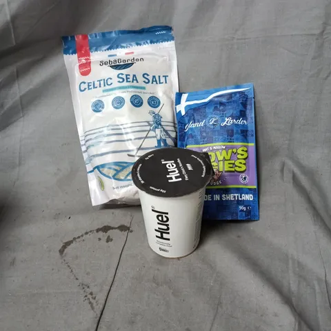 APPROXIMATELY 10 ASSORTED ITEMS OF FOOD AND DRINK INCLUDING SEBAGARDEN CELTIC SEA SALT, HUEL FIERY CHICKEN NOODLES AND ISLAND LARDER TROW/'S BOGIES FUDGE