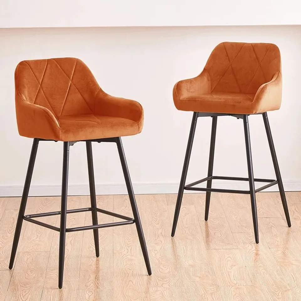 BOXED PAIR OF LOVINGTON 71CM VELVET BAR STOOLS WITH ARMREST - ORANGE (1 BOX)