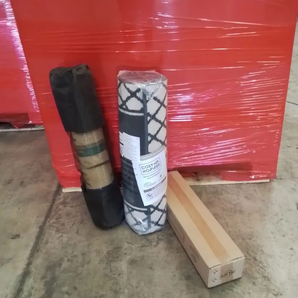 PALLET OF ASSORTED HOUSEHOLD GOODS AND PRODUCTS TO INCLUDE;LED MIRROR LIGHT,YOGA MAT,AREA RUG