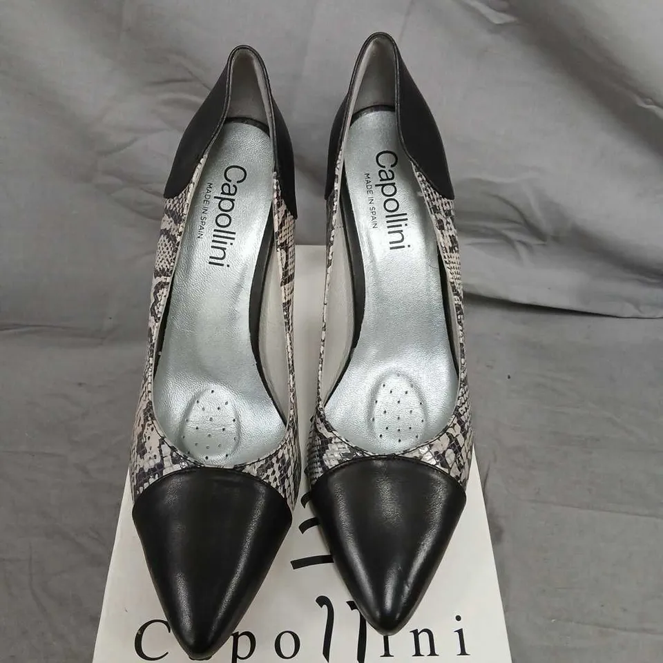 CAPOLLINI RAYNA BLACK SNAKE PATTERN HIGH HEELS – UK 8 (EU 41)