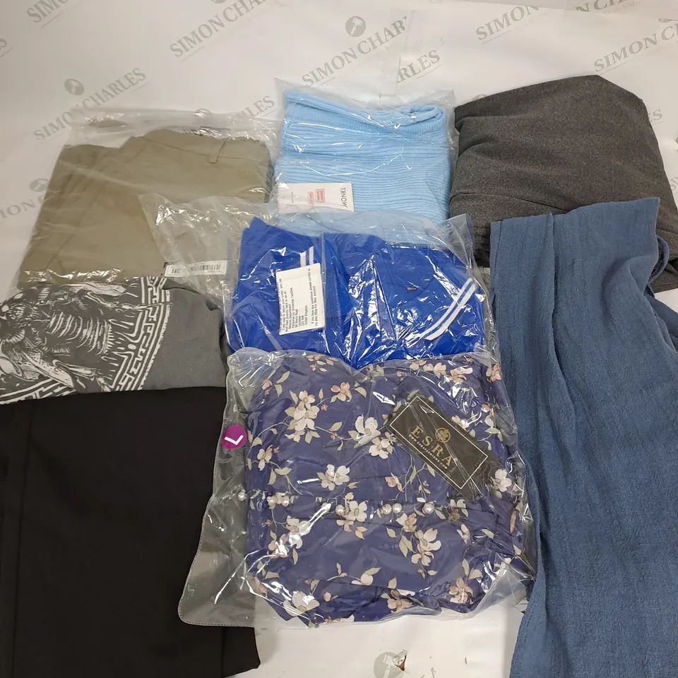 LARGE BOX OF ASSORTED CLOTHING ITEMS IN VARIOUS COLOURS AND SIZES INCLUDING TROUSERS , TOPS AND JUMPERS 