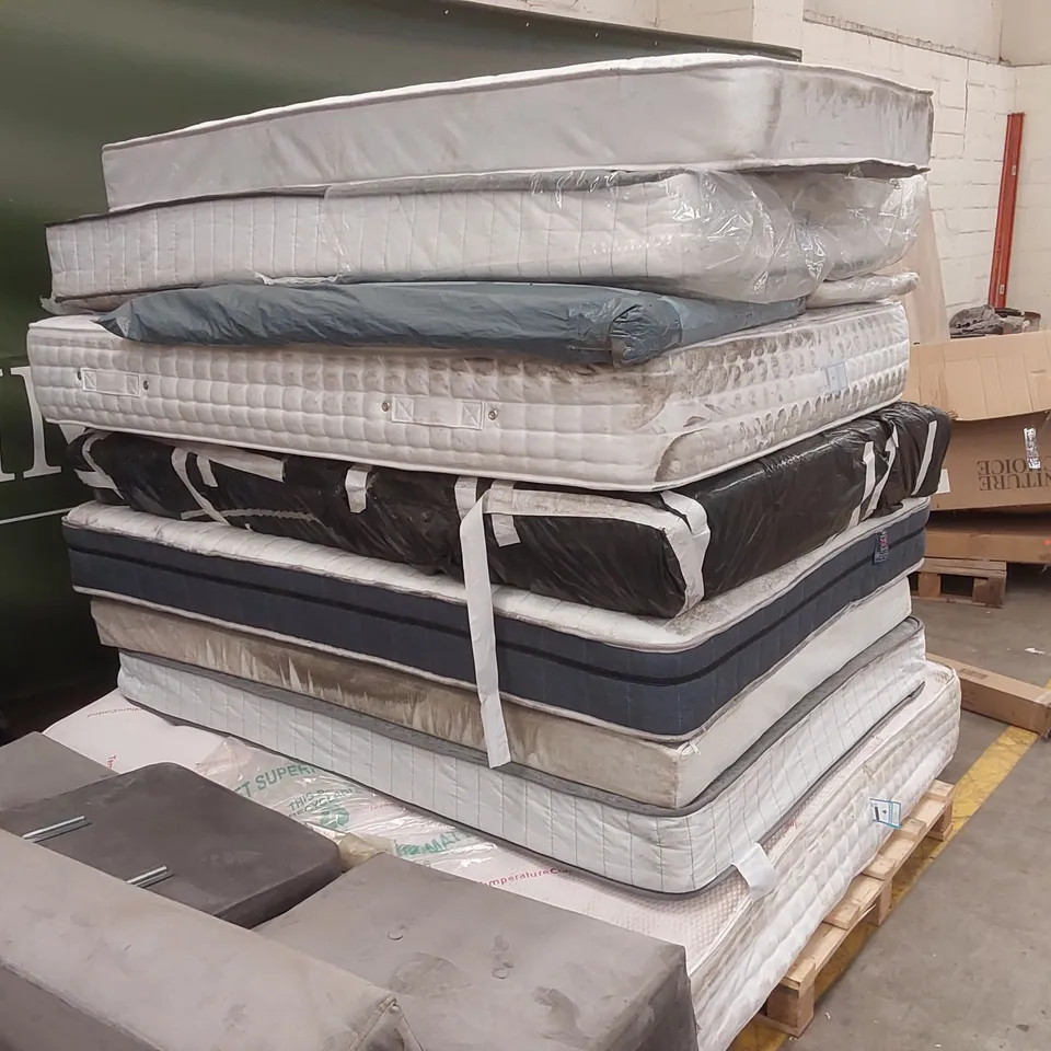 PALLET CONTAINING 9 MATTRESSES, 1 HEADBOARD - SIZES, CONDITIONS, BRANDS VARY