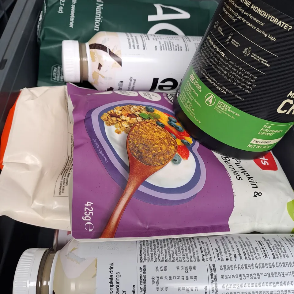 BOX OF APPROXIMATELY 10ITEMS TO INCLUDE PROTEIN POWDER, HUEL, CREATINE ETC