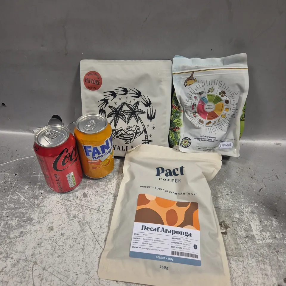 APPROXIMATELY 20 ASSORTED DRINKING PRODUCTS TO INCLUDE PACT COFFEE, COKE ZERO, FANTA ETC 