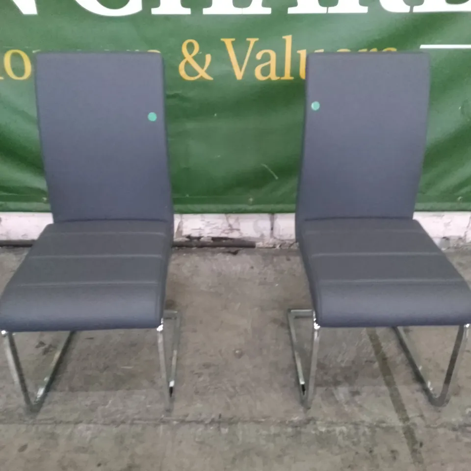 SET OF 2 NEW PERTH GREY LEATHER DINING CHAIRS (CHROME LEG)