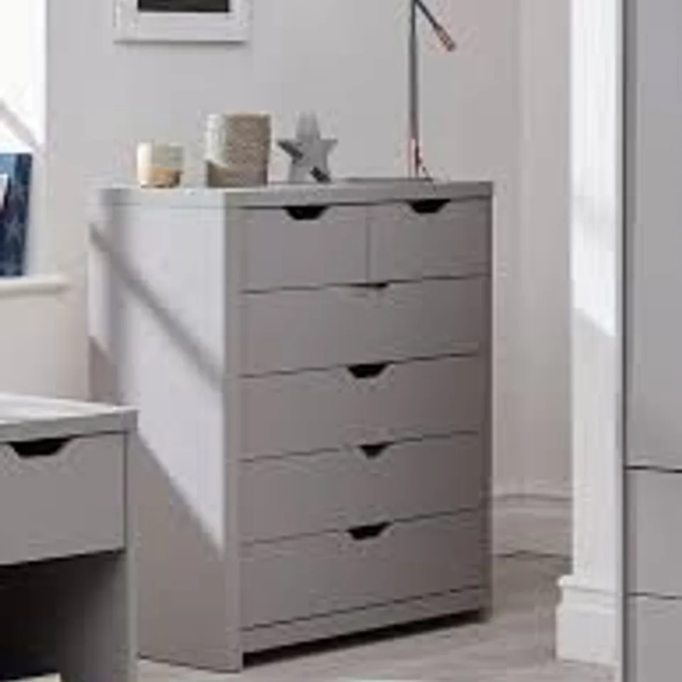 BOXED ASPEN 4+2 DRAWER CHEST IN GREY/OAK -  (1 BOX)