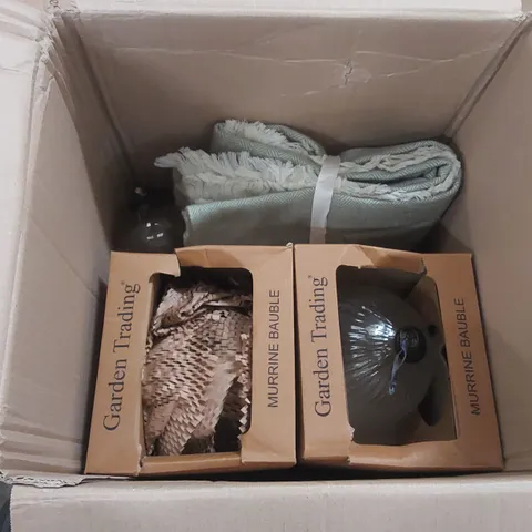 BOX CONTAINING ASSORTED DESIGNER HOMEWARE PRODUCTS INCLUDING: GLASS BAUBLES, STOCKWELL HERRINGBONE THROW