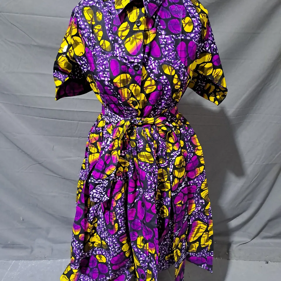 NEON AFRIQUE BELTED BUTTON UP DRESS IN PURPLE MULTI FLORAL AFRICAN PRINT SIZE S
