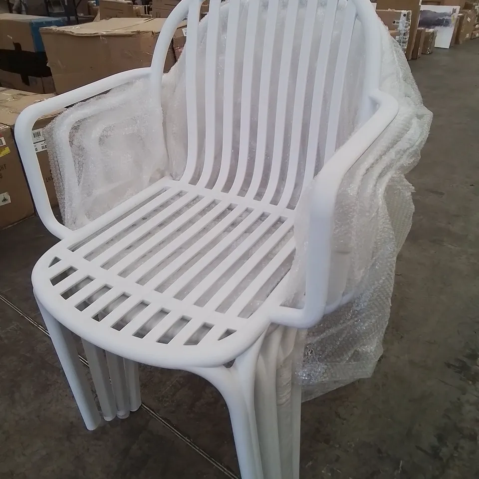 BOXED SET OF 4 KIMBLER STACKING PATIO DINING ARMCHAIRS IN WHITE (1 BOX)
