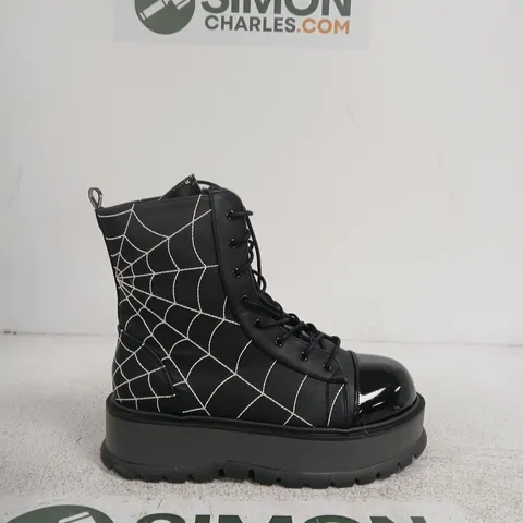 DEMONIA UK 10 BLACK VEGAN LEATHER LACE-UP BOOTS WITH SPIDERWEB PATTERN