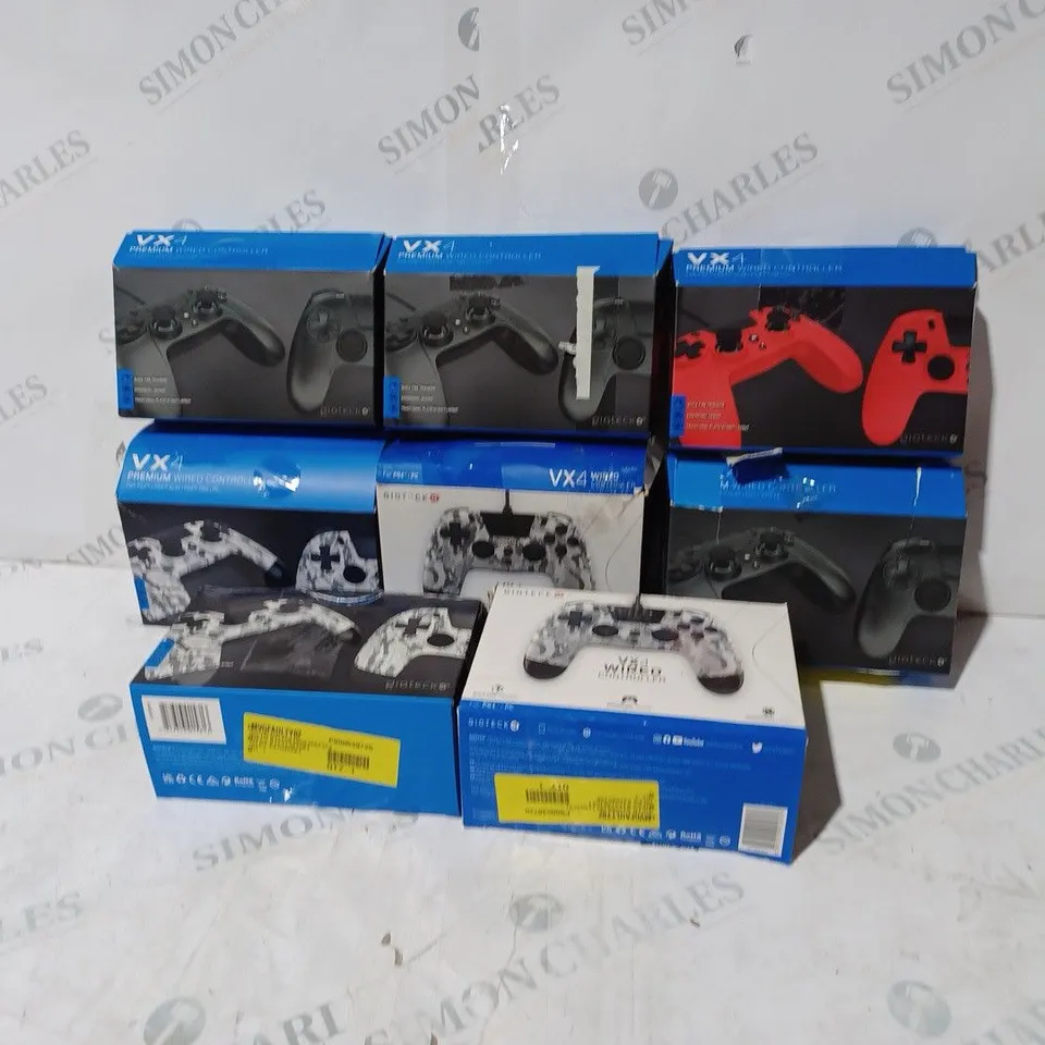BOX OF 8 ASSORTED BOXED GIOTECK VX4 WIRED CONTROLLERS IN VARIOUS COLOURS