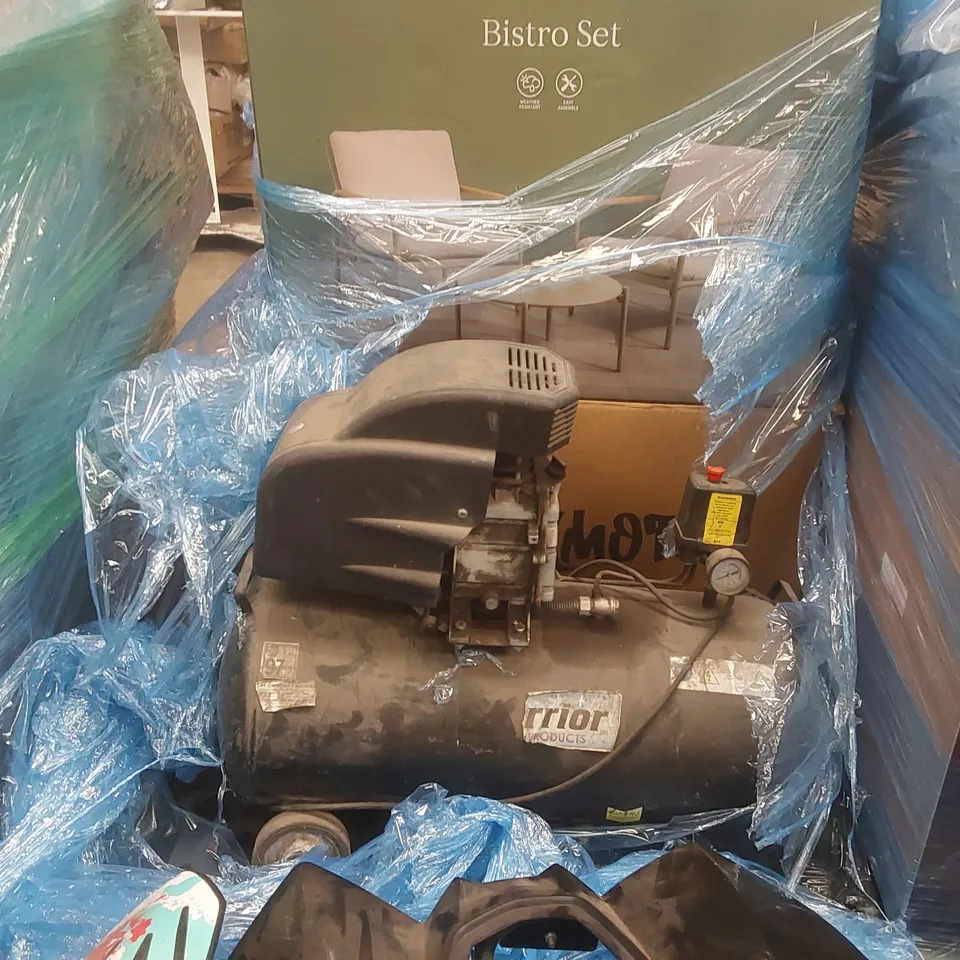 PALLET CONTAINING A VERY LARGE QUANTITY OF ASSORTED ITEMS INCLUDING: AIR COMPRESSOR, WALL SOCKET PARTS ECT