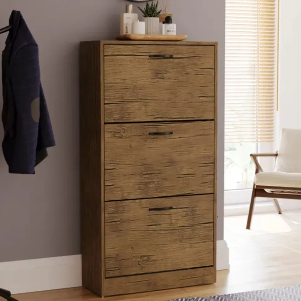 BOXED VIDA DESIGN 3 DRAWER SHOE CABINET - ANTIQUE BROWN