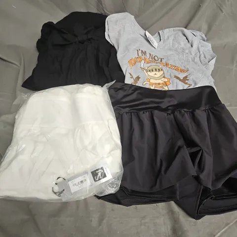 BOX OF APPROXIMATELY 20 ASSORTED CLOTHING ITEMS TO INCLUDE DRESS, SHORTS, TSHIRT, ETC