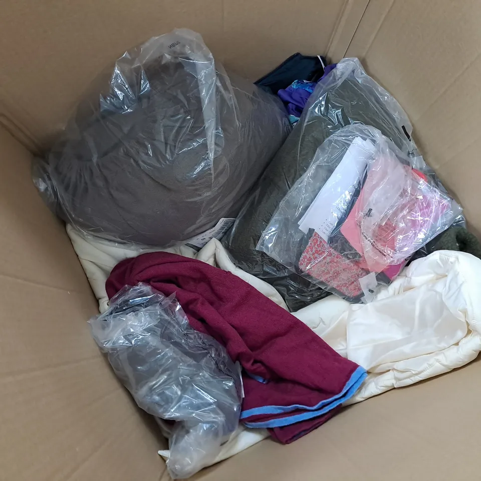 LARGE BOX OF ASSORTED CLOTHING TO INCLUDE COATS, SWEATERS AND PANTS, ETC