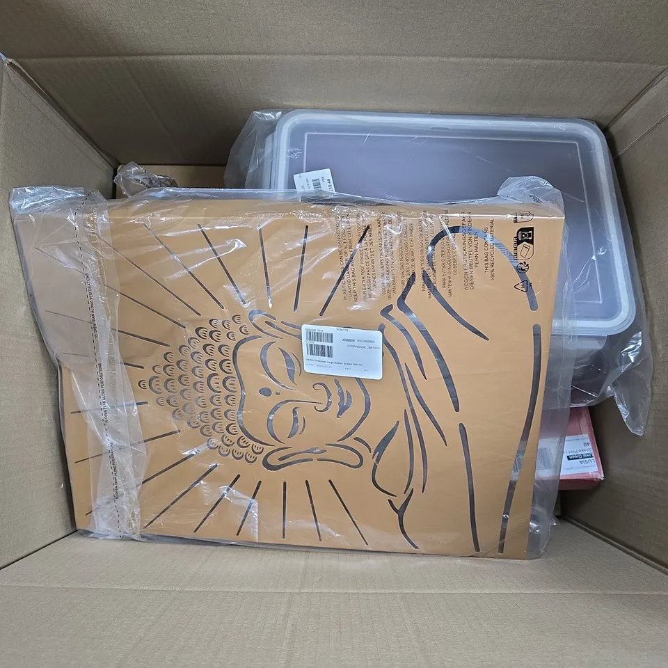 APPROXIMATELY 10 ASSORTED ITEMS TO INCLUDE GROOVE EARBUDS, BUDDHA WALL ART, HAIR REMOVER, ETC