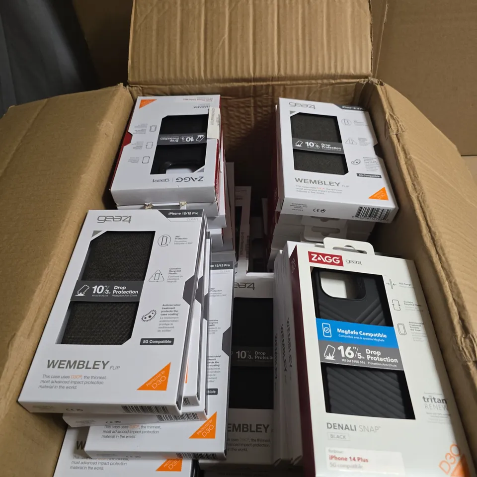 BOX OF APPROXIMATELY 20 ASSORTED PHONE CASES INCLUDING GEAR 4 AND ZAGG 
