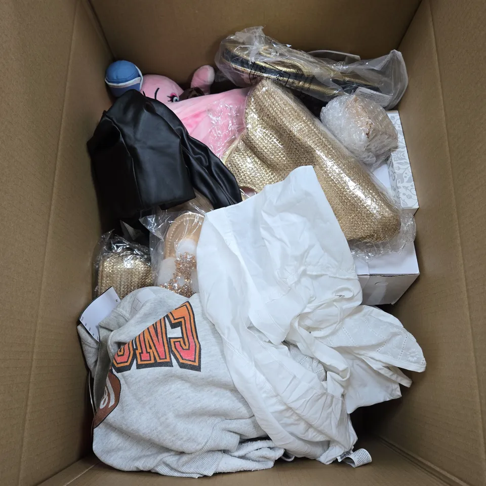 BOX OF APPROXIMATELY 15 ASSORTED ITEMS INCLUDING A HAVEN ANXIOUS ELEPHANT SOFT TOY, SOME SANDALS AND LOZ MINI ETERNAL FLOWERS