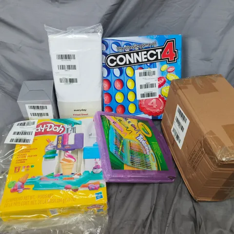 APPROXIMATELY 20 ASSORTED ITEMS TO INCLUDE EVERYDAY FITTED SHEET, PLAY-DOH RAINBOW SWIRL ICE CREAM PLAYSET, CONNECT 4, ETC