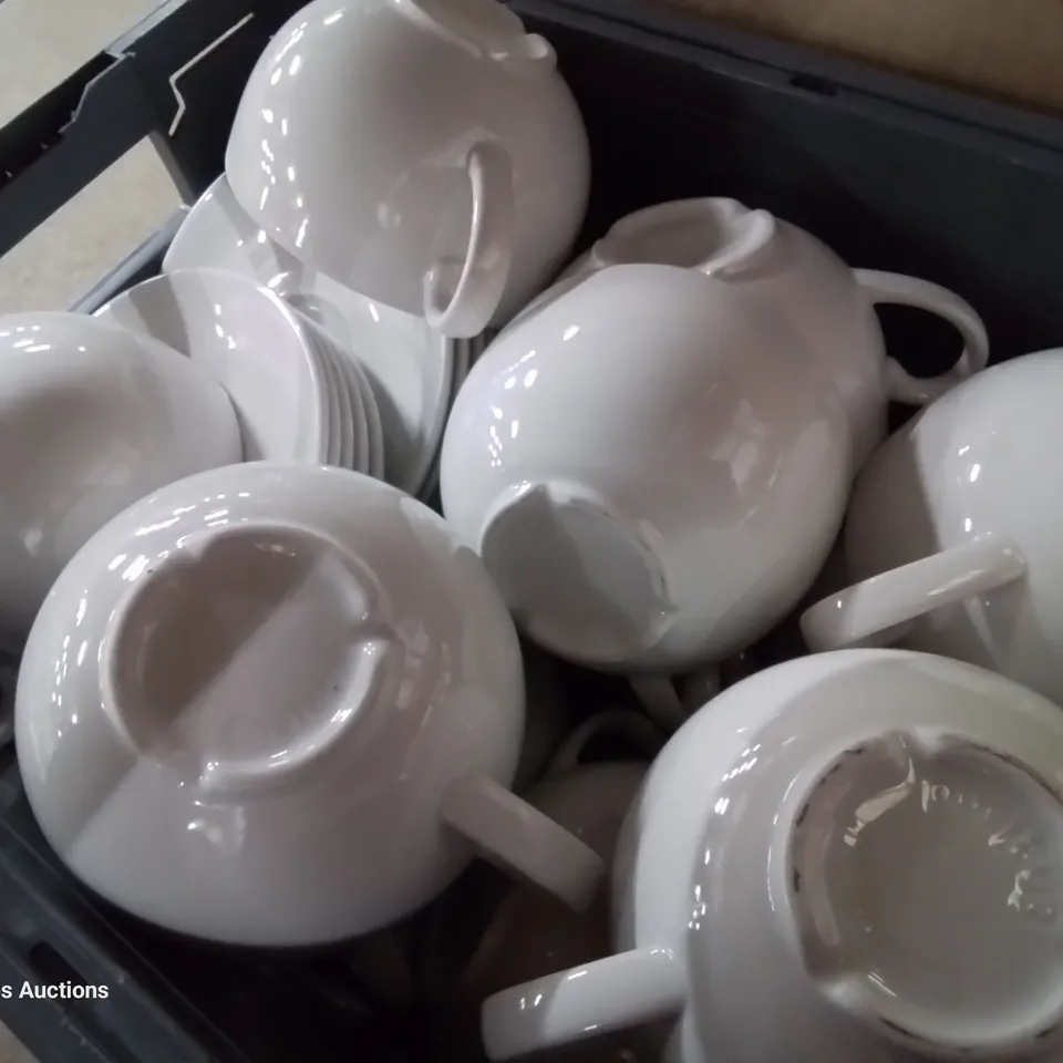 THREE BOXES ASSORTED CATERING ITEMS, INCLUDING, SUNDAE GLASSES, COFFEE CUPS, METAL BOWLS & POTS, CROCKERY.