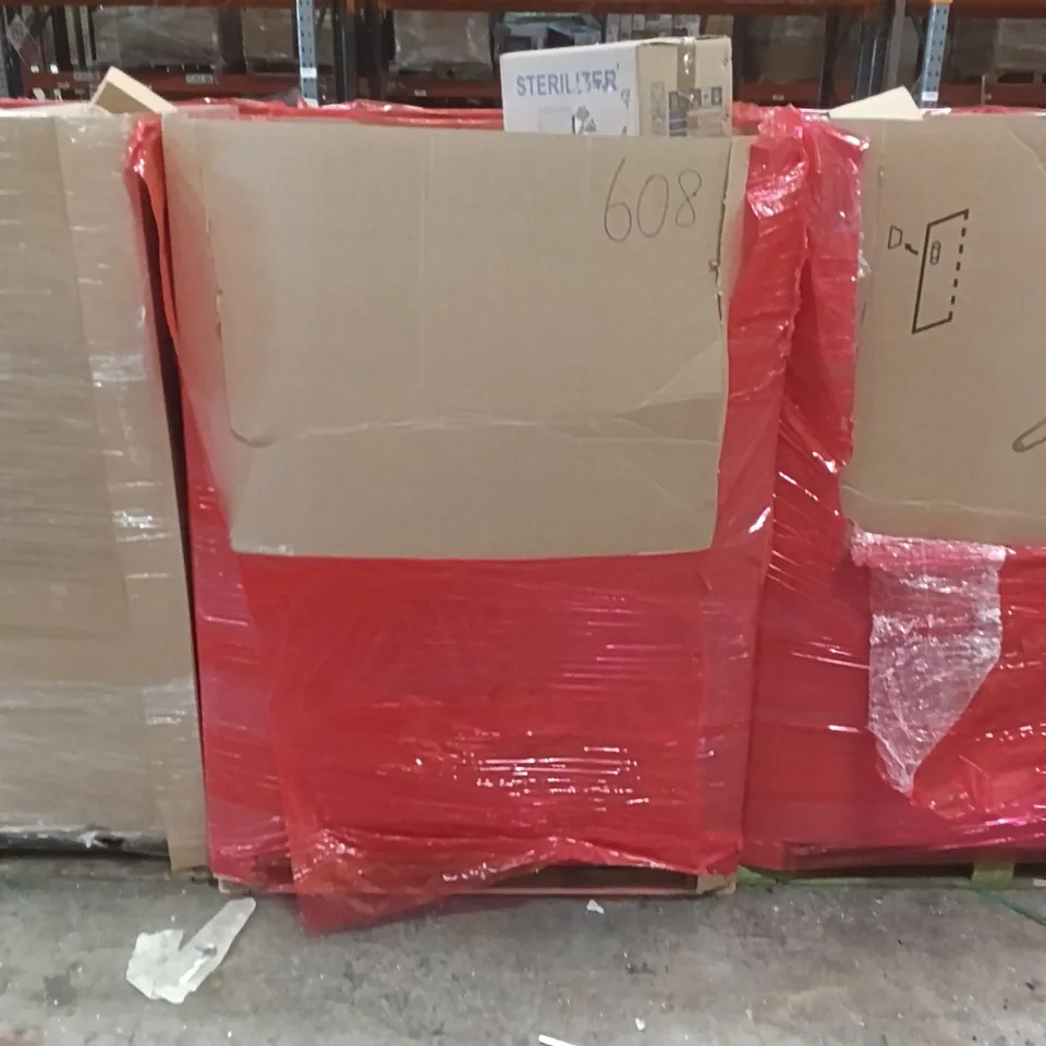PALLET OF ASSORTED HOUSEHOLD GOODS AND PRODUCTS TO INCLUDE; STERILISER, FANS, BOXED FURNITURE ETC