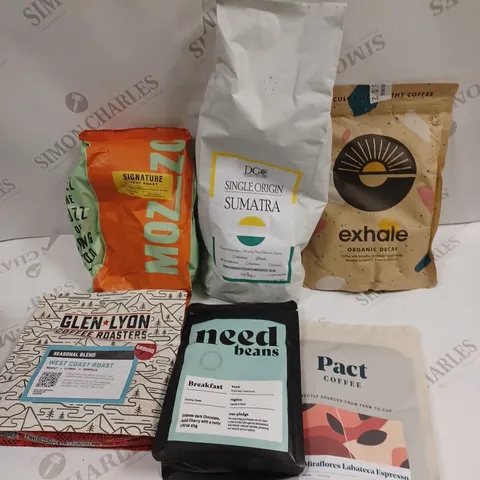 8 X ASSORTED COFFEE PRODUCTS TO INCLUDE EXHALE ORGANIC DECAF, NEED BEANS, GLEN LYON COFFEE ROASTERS ETC