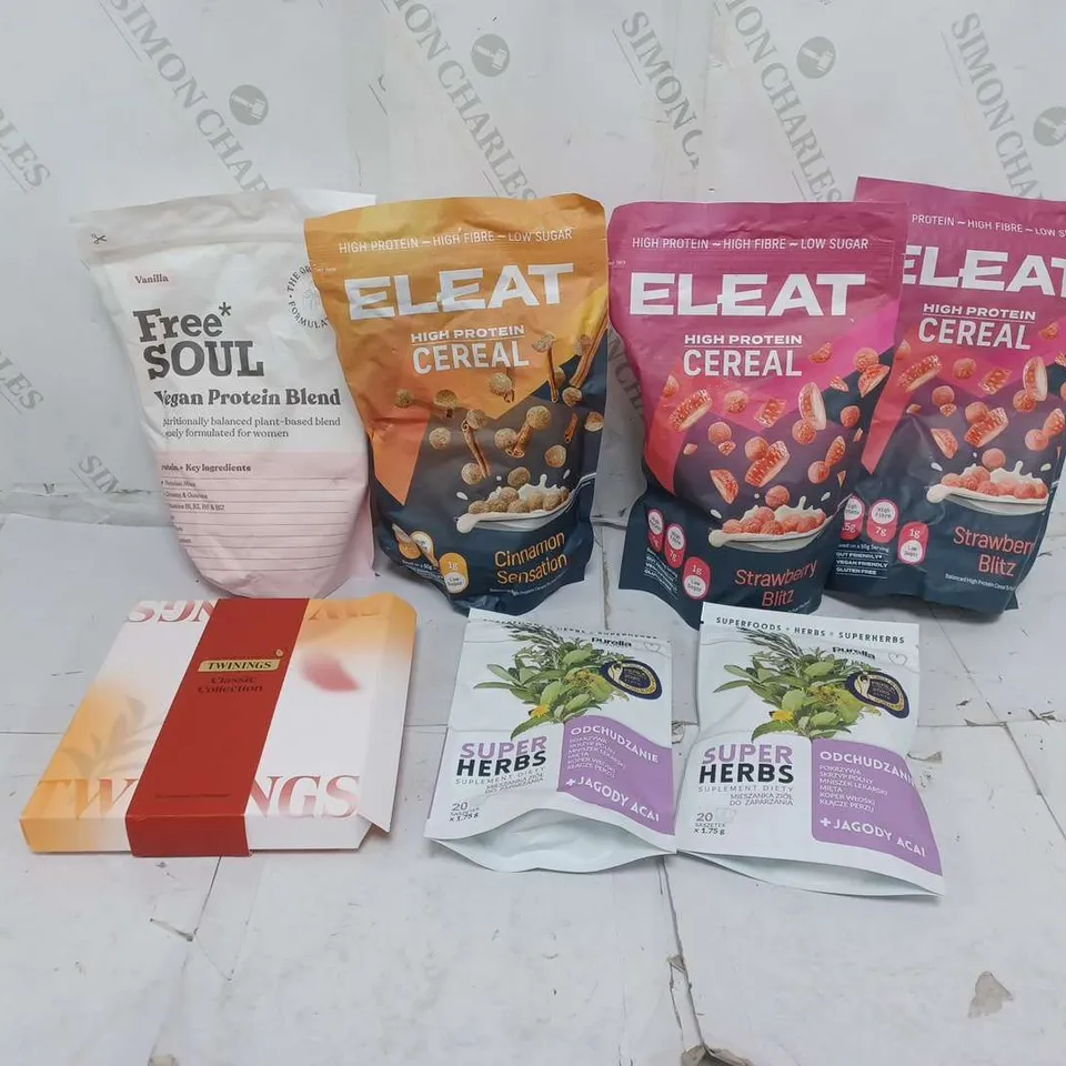 ASSORTED FOOD TOTE TO INCLUDE ELEAT CEREAL, VEGAN PROTEIN BLEND, AND SUPERHERB TEA ETC. 