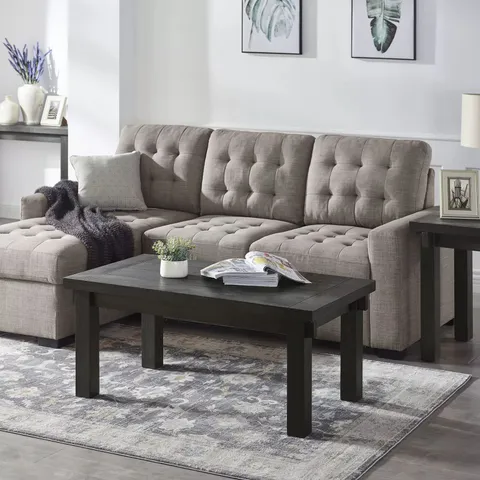 BRAND NEW BOXED COTTAGE FARMHOUSE COCKTAIL COFFEE TABLE, TOBACCO BLACK (1 BOX)