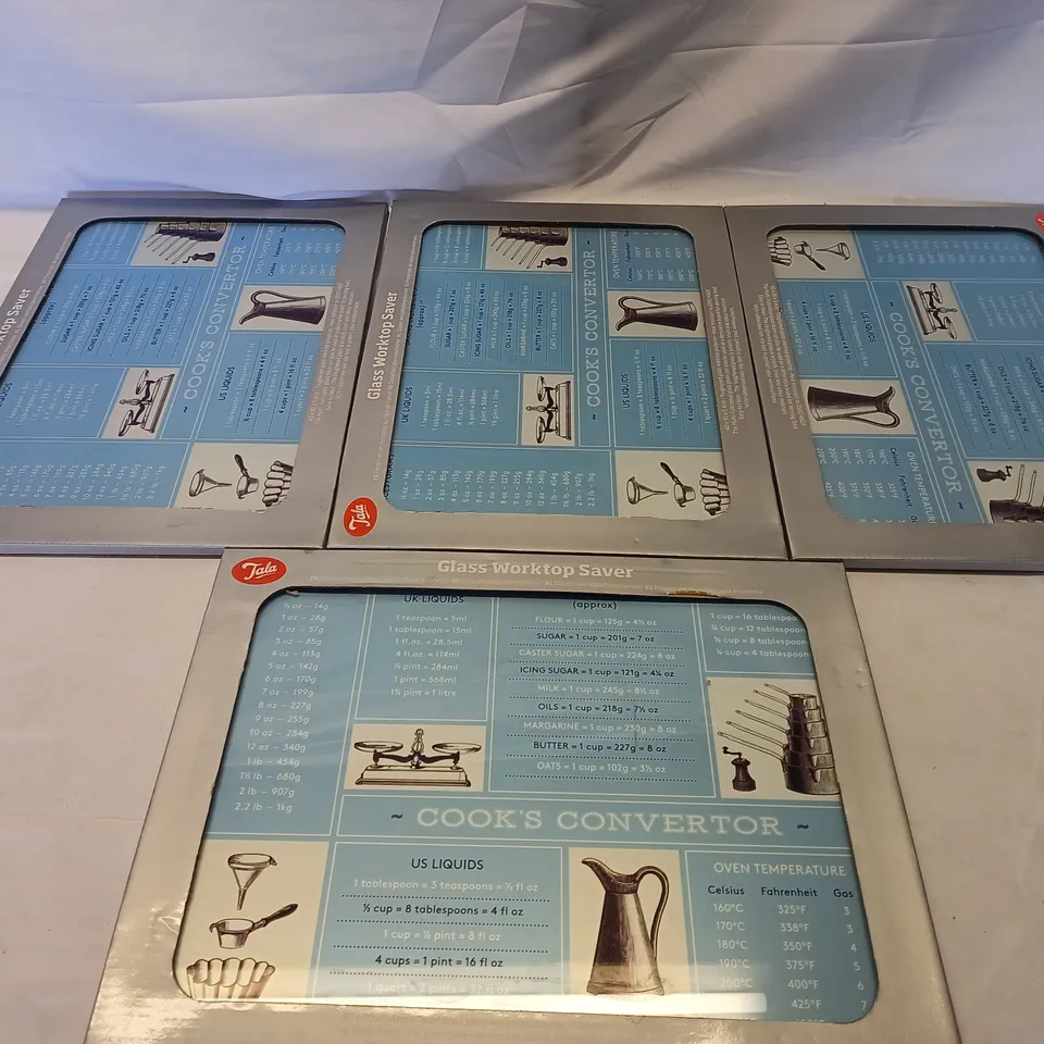 4 BRAND NEW TALA CONVERSION DESIGN TOUGHENED GLASS CHOPPING BOARD AND WORK TOP SAVER WHILE PREPARING FOODS, MEASURES,BLUE, 30CM X 40CM