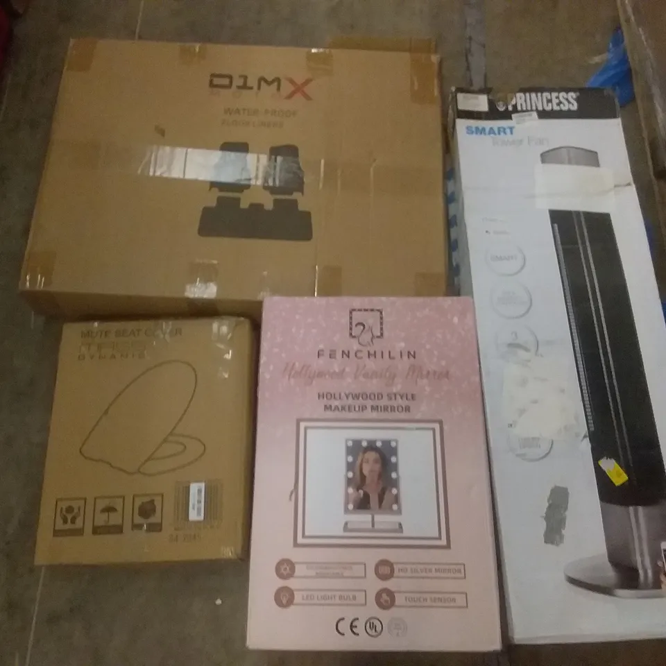 PALLET OF ASSORTED ITEMS INCLUDING WATER-PROOF FLOOR LINERS, MASS DYNAMIC TOILET SEAT, PRINCESS SMART TOWER FAN, HOLLYWOOD VANITY MIRROR, KALAMITICA MAGNETIC SYSTEM, NAVARIS SPICE RACK