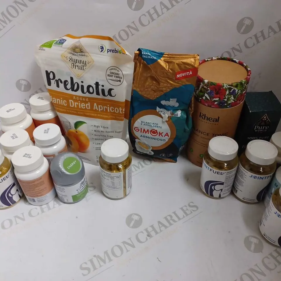 LOT OF APPROXIMATELY 17 ITEMS TO INCLUDE PREBIOTIC ORGANIC DRIED APRICOTS (5x50g), RHEAL SUPERFOODS ORGANIC SUPERFOOD BLEND (BALANCE TONIC), JOINTFUEL FOOD SUPPLEMENT (60 CAPSULES), ETC