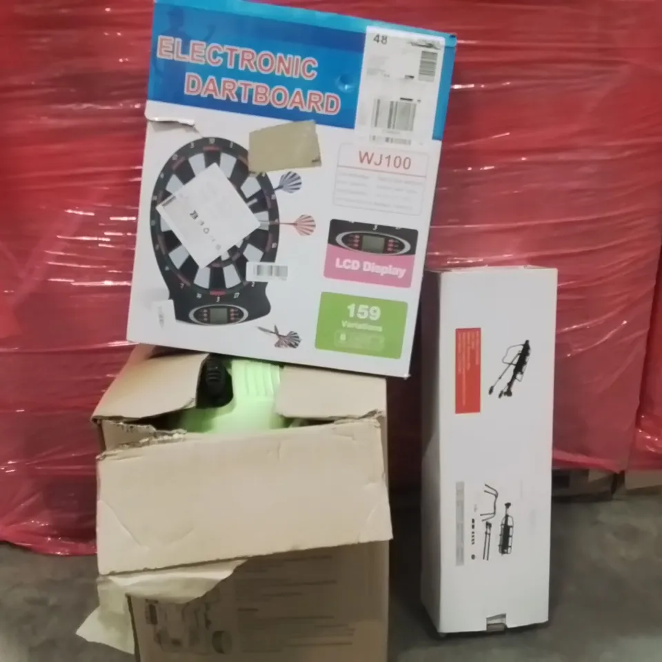 PALLET OF ASSORTED HOUSEHOLD GOODS AND PRODUCTS TO INCLUDE;ELECTRONIC DARTBOARD,PRESSURE WASHER,BIKE RACK