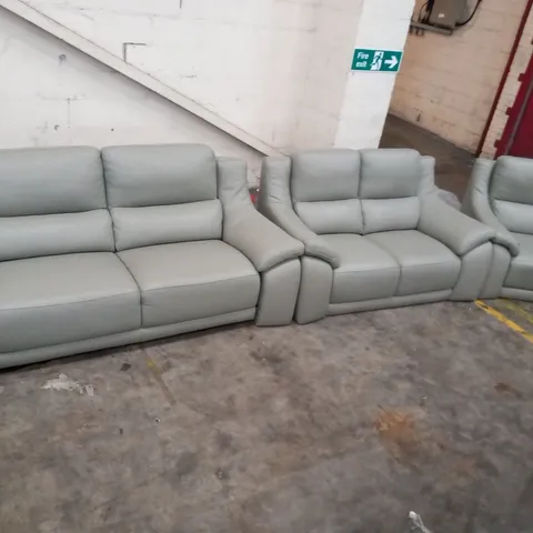 DESIGNER ITALIAN GREY LEATHER THREE SEATER SOFA, TWO SEATER SOFA AND ELECTRIC RECLINING ARMCHAIR