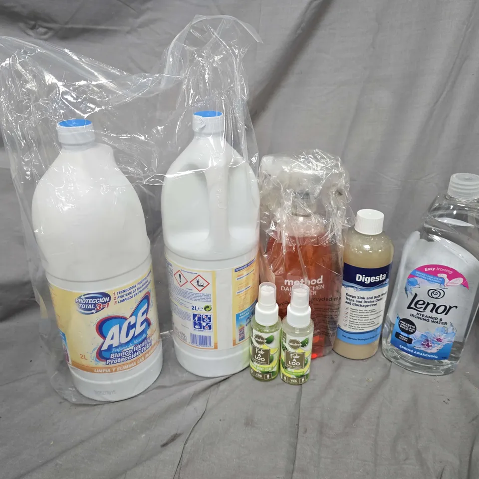 APPROXIMATELY 12 ASSORTED HOUSEHOLD LIQUID PRODUCTS TO INCLUDE LENOR STEAMER & IRONING WATER, ACE, DIGESTA DRAIN CLEANER, ETC - COLLECTION ONLY