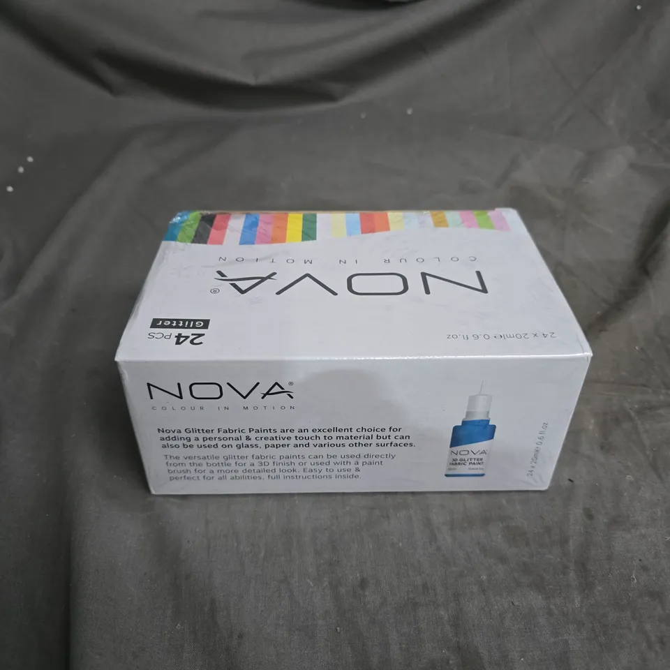 NOVA COLOUR IN MOTION PREMIUM 3D GLITTER FABRIC PAINTS – 24 X 20ML BOTTLES