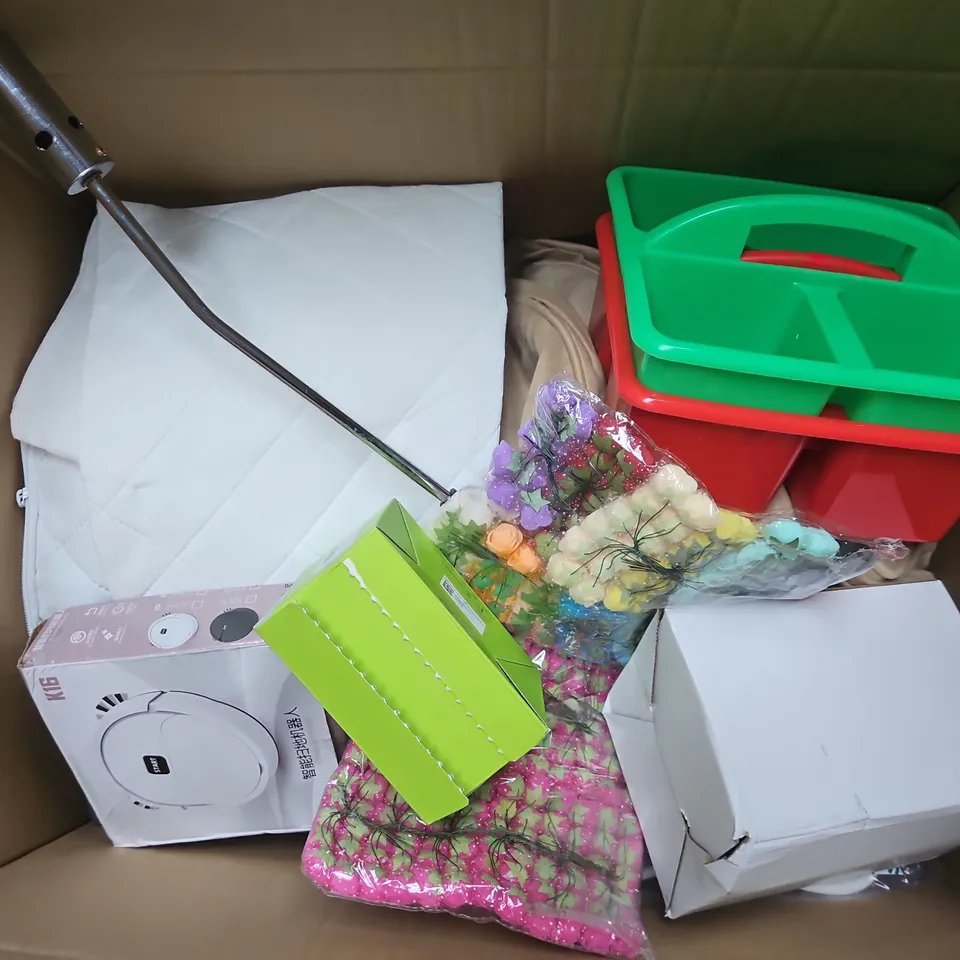 box of approx 10 assorted household items to include: AUVON TENS & Muscle Stimulator Box, K16 Intelligent Sweeping Robot Box, and Red/Green Plastic Stackable Bins - collection only