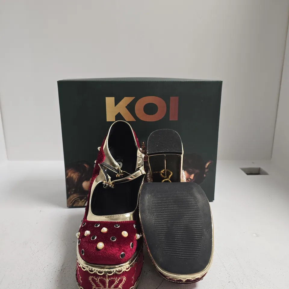 KOI BOLEYN'S VENGEANCE VELVET PLATFORM HEELS WITH PEARL EMBELLISHMENTS – BURGUNDY RED UK SIZE 5