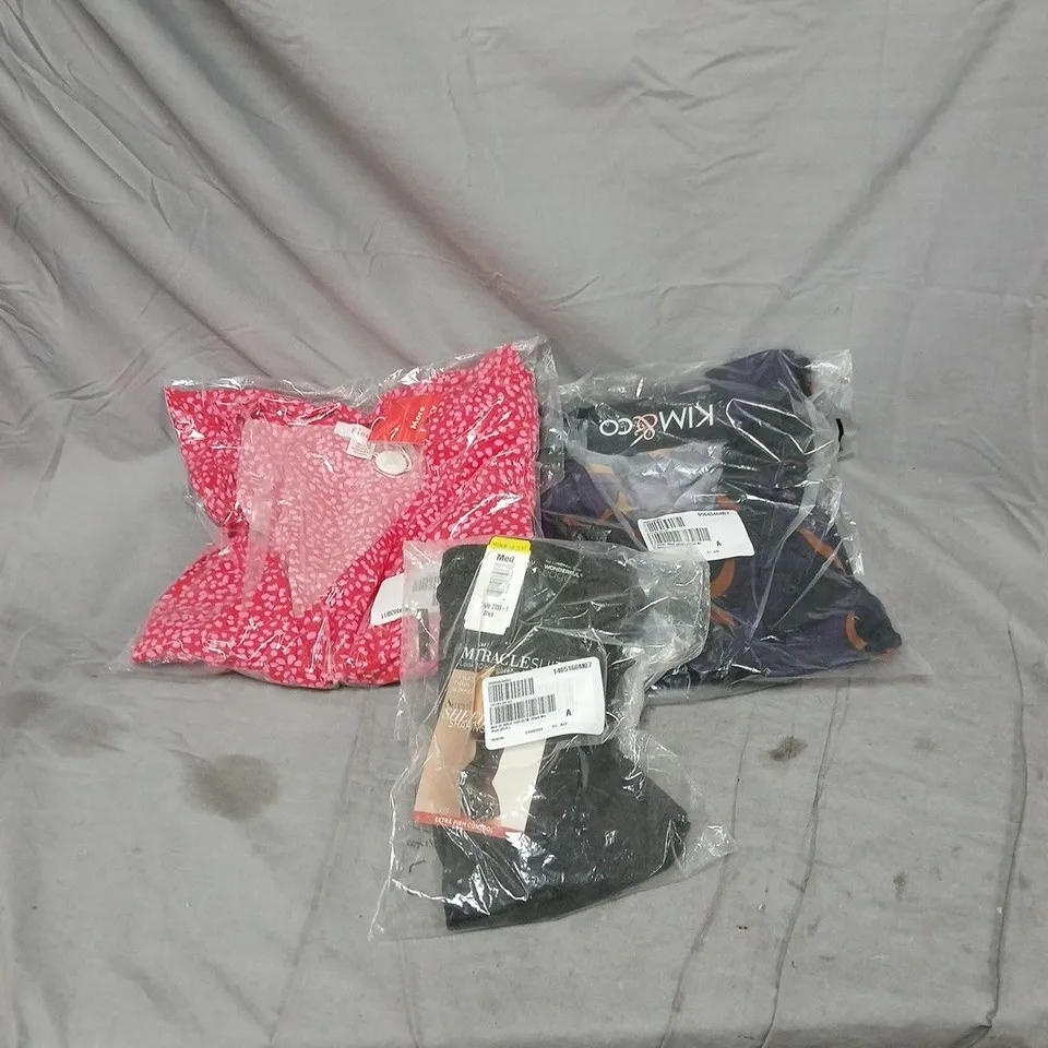 BOX OF APPROXIMATELY 35 ASSORTED CLOTHING ITEMS INCLUDING MIRACLESUIT SHAPE WEAR SIZE MEDIUM, FINERY RED DRESS SIZE 10 AND KIM AND CO PURPLE WRAP DRESS SIZE SMALL