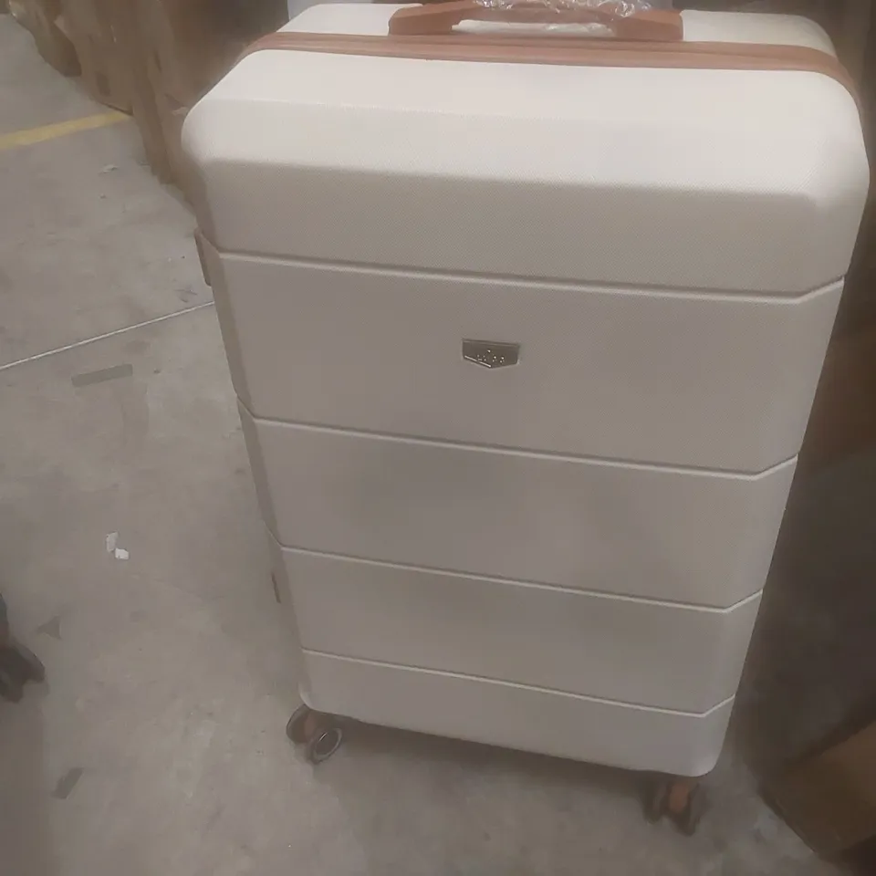 UNBOXED KEPLIN LUGG BIG SIZE TRAVEL SUITCASE WITH WHEELS SECURE LOCK SYSTEM WHITE AND BROWN COLOUR 