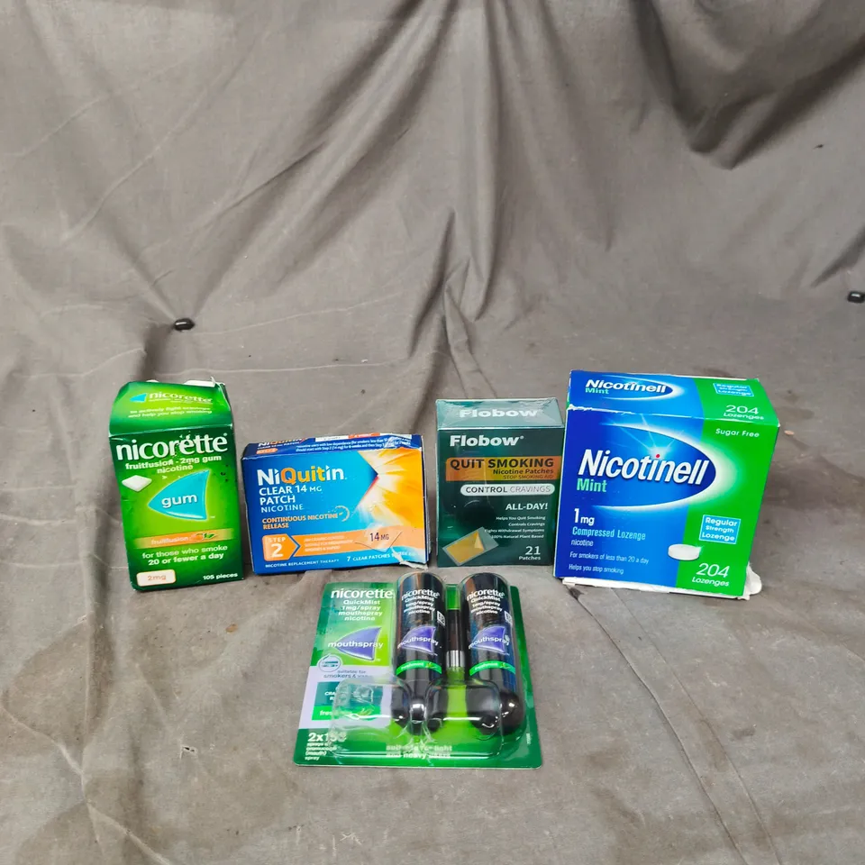 APPROXIMATELY 15 ASSORTED SMOKING PREVENTION AIDS TO INCLUDE NICORETTE GUM, NIQUITIN PATCHES, NICOTINELL LOZRNGES, ETC