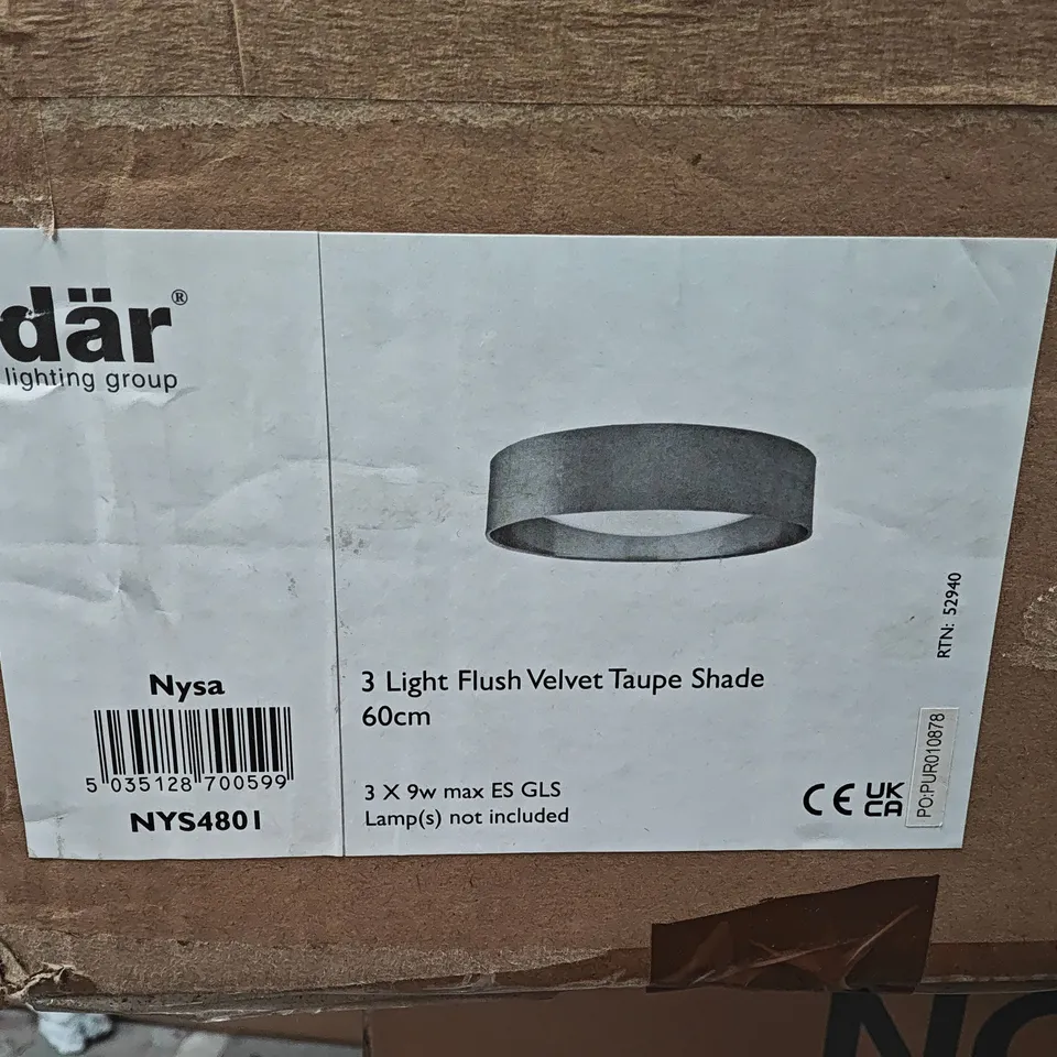 BOXED DAR NYSA 3-LIGHT FLUSH LIGHT IN VELVET TAUPE 60CM SHADE
