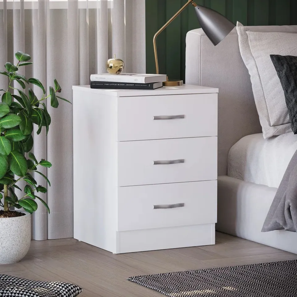 BOXED MAYBERY 3 DRAWER BEDSIDE TABLE NIGHTSTAND - (1 BOX)
