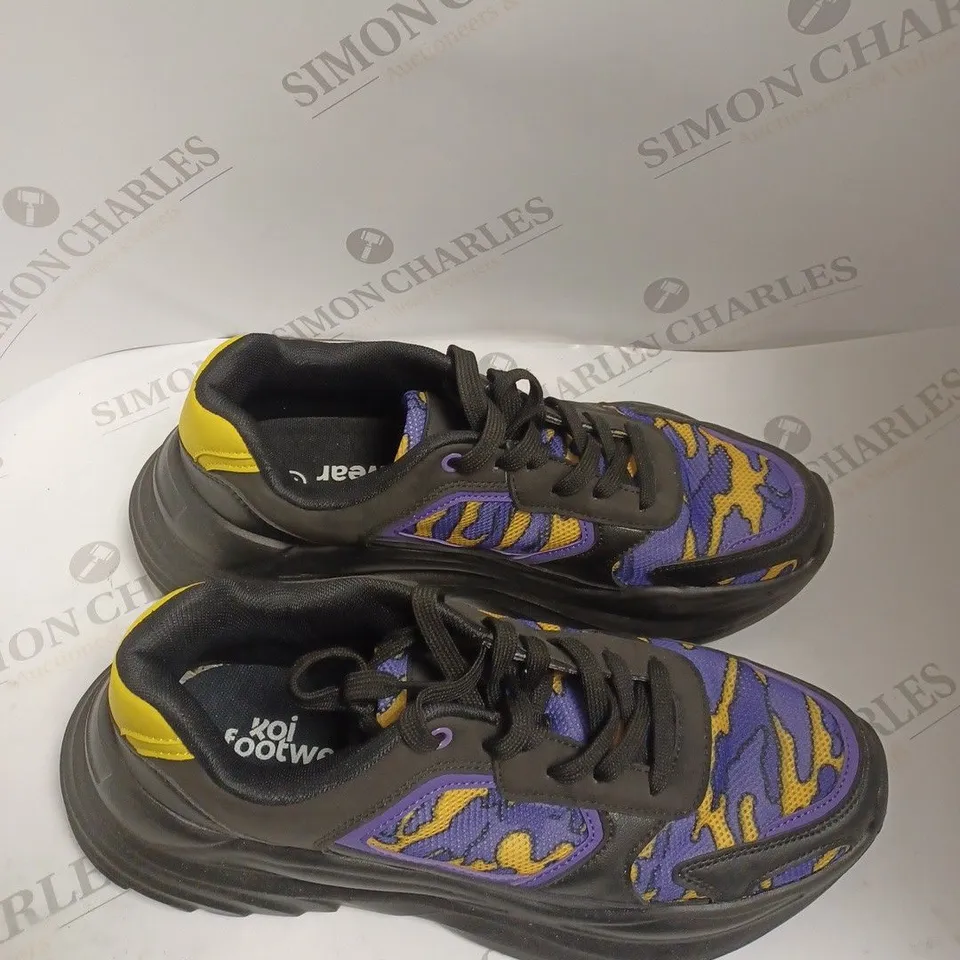 KOI FOOTWEAR BLACK PURPLE AND YELLOW LACE UP TRAINERS