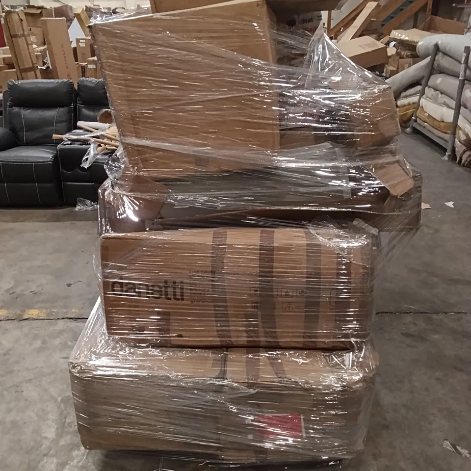 PALLET OF ASSORTED INCOMPLETE DESIGNER FURNITURE PARTS - PAOLO DOUBLE SIZE BED, DARLA KING OTTOMAN BED, OPA SINGLE SEAT