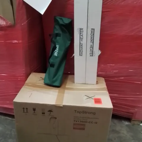 PALLET OF ASSORTED HOUSEHOLD GOODS AND PRODUCTS TO INCLUDE; ROUNDERS BAT,RADIANT HEATER,TOP STRONG COOKER HOOD