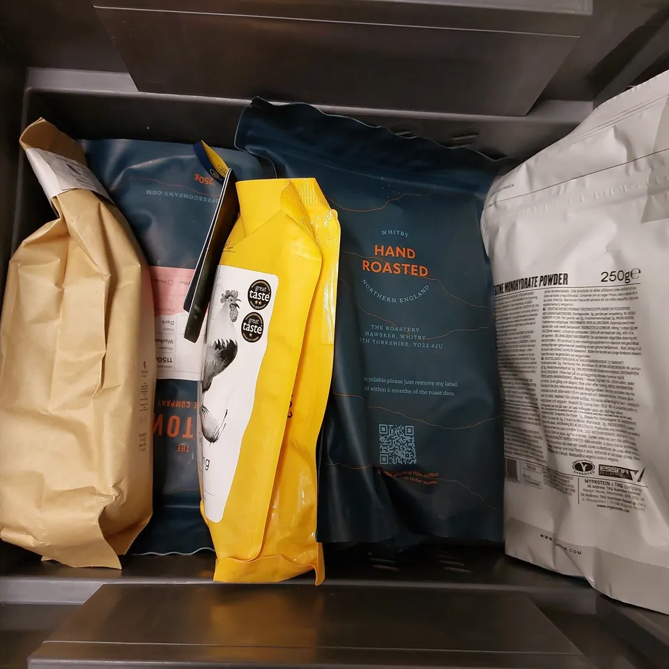 BOX OF APPROX 10 ITEMS TO INCLUDE 6 PACK OF SLIMFAST (COOKIE FLAVOUR), IMPACT WHEY PROTEIN POWDER, PERKY BLENDERS COFFEE