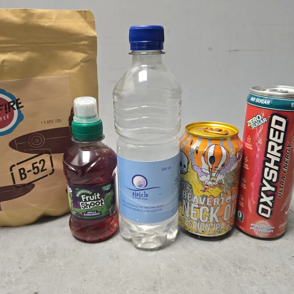 APPROXIMATELY 15 ASSORTED FOOD & DRINK ITEMS TO INCLUDE - NECK OIL , OXYSHRED ULTRA ENERGY , FRUIT SHOOT ETC